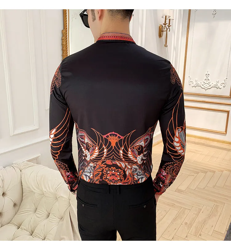 47-54kg Men's Black Luxury Print Clothing Designer Long Sleeve Shirt