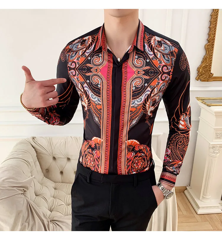 47-54kg Men's Black Luxury Print Clothing Designer Long Sleeve Shirt