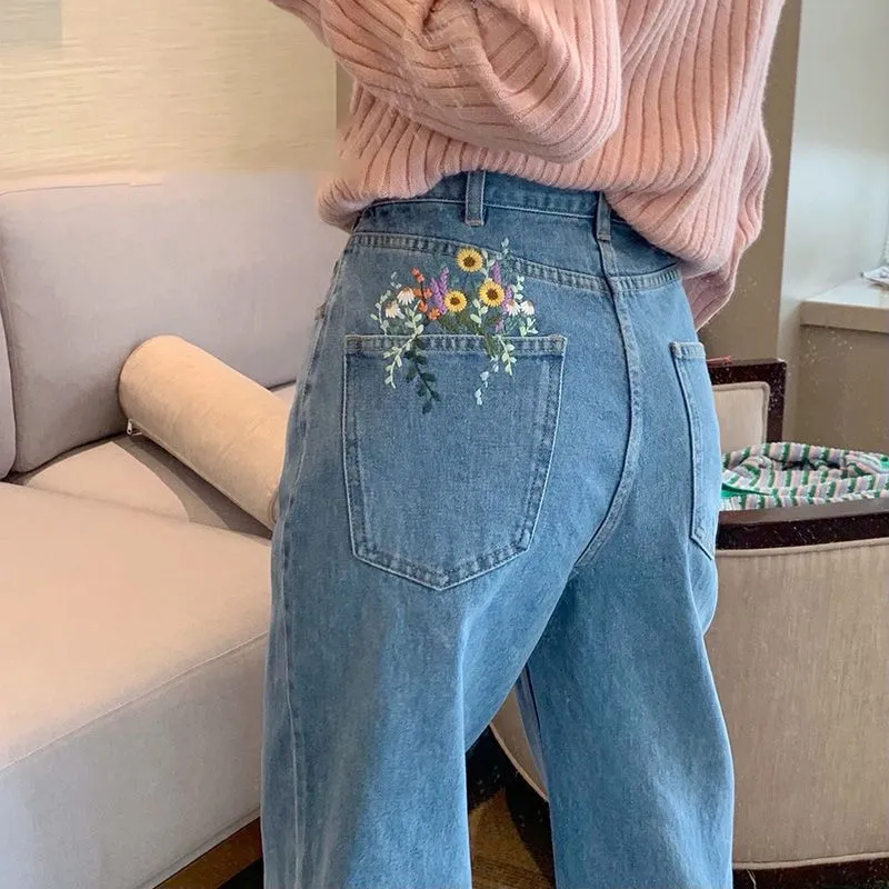 Aesthetic Floral Embroidered Flowers Pocket Jeans Casual Pants