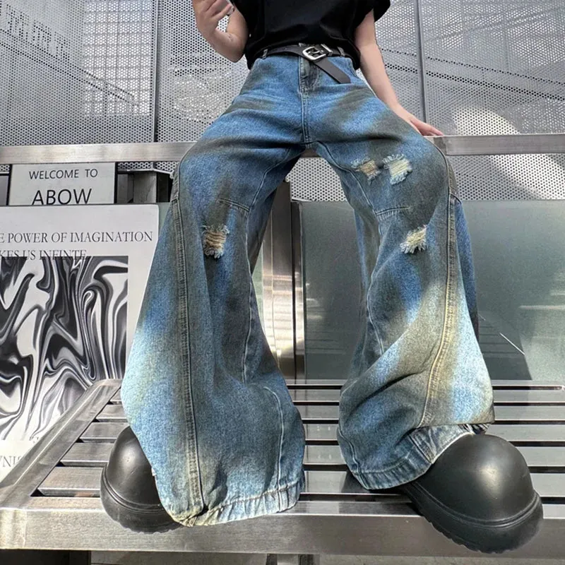 American Style Men's Jeans New Stylish Flip Design Wide Leg Dirty Pants High Street Men Wear Male Denim Trousers 9C7025