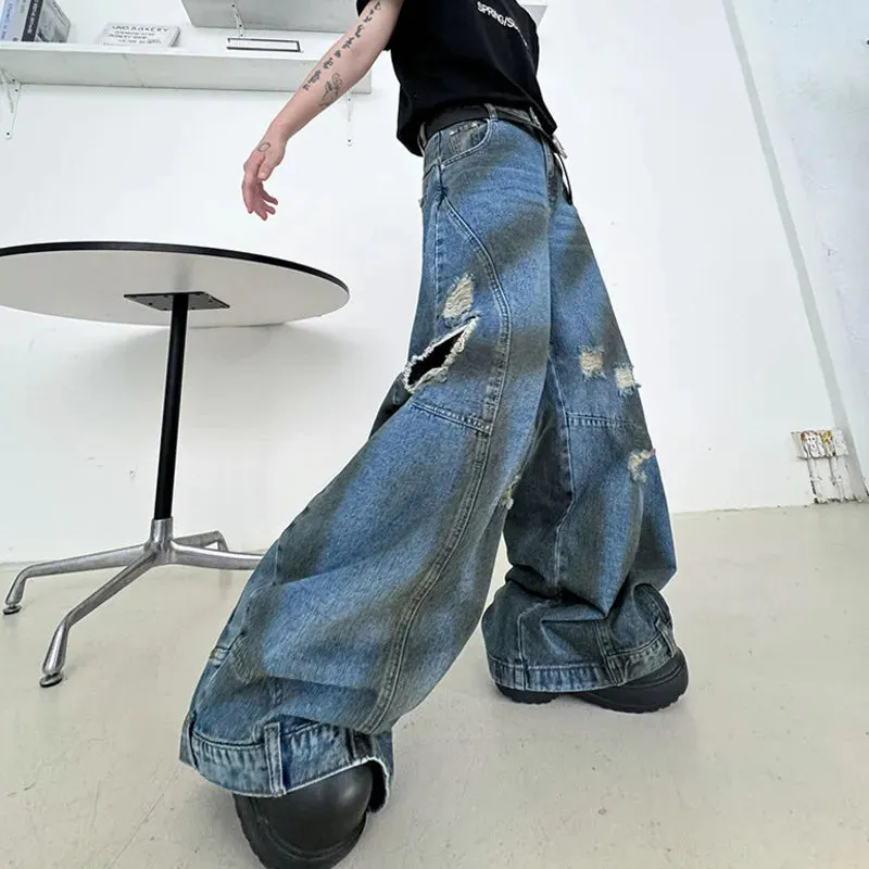 American Style Men's Jeans New Stylish Flip Design Wide Leg Dirty Pants High Street Men Wear Male Denim Trousers 9C7025