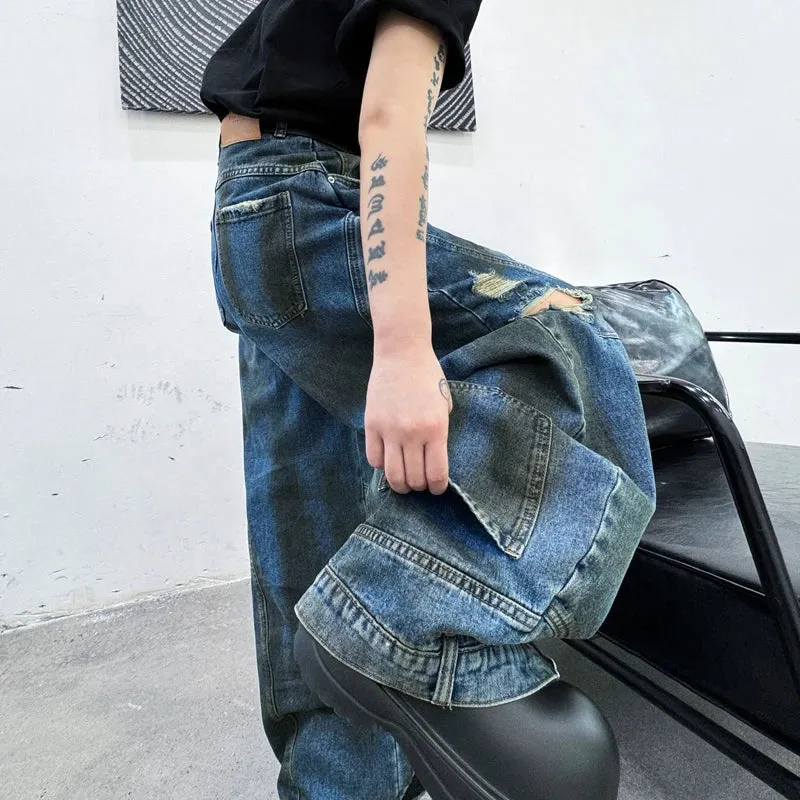 American Style Men's Jeans New Stylish Flip Design Wide Leg Dirty Pants High Street Men Wear Male Denim Trousers 9C7025