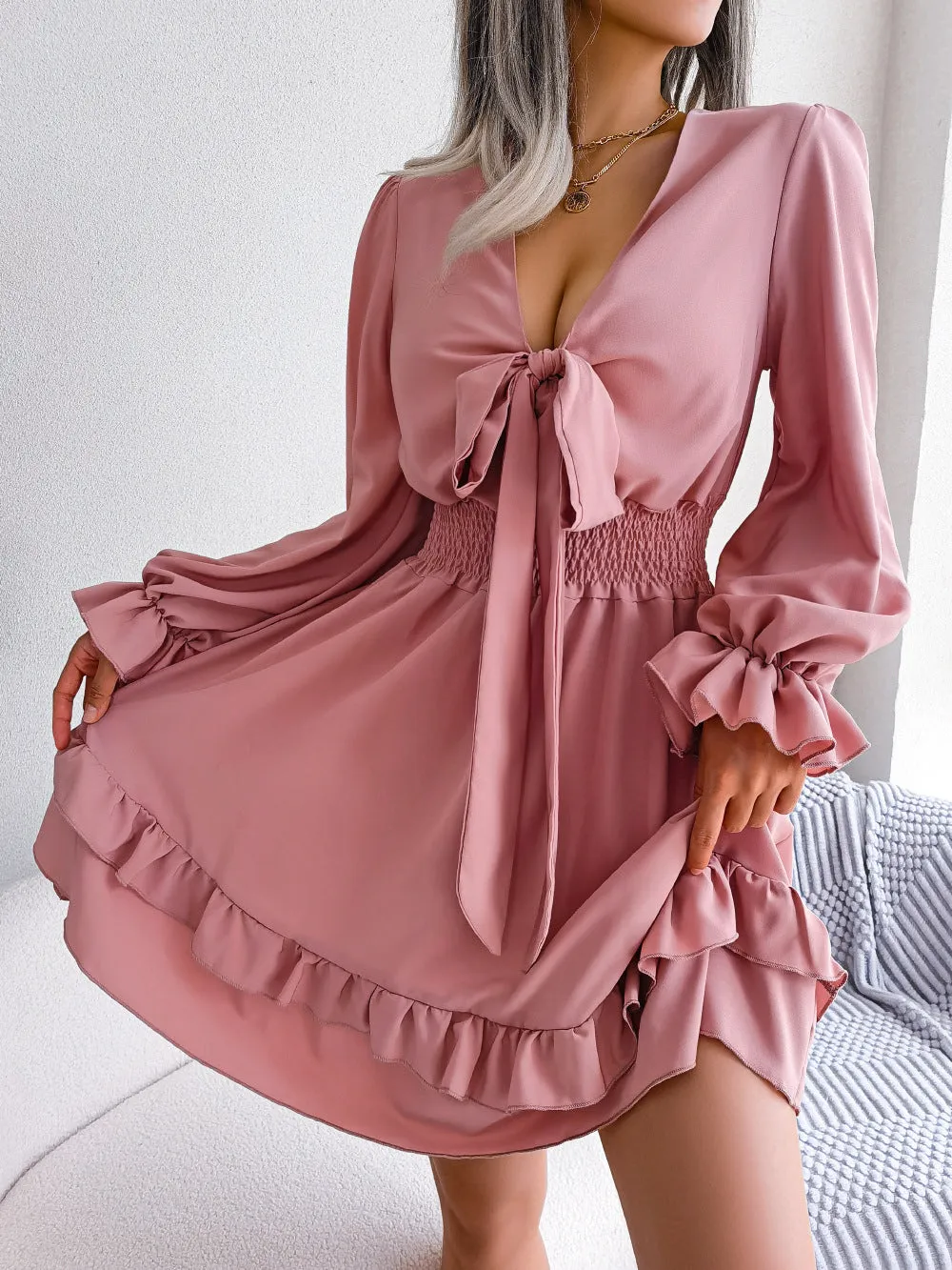 Beautiful Ruffles Lace Up Flowy Chiffon Dress