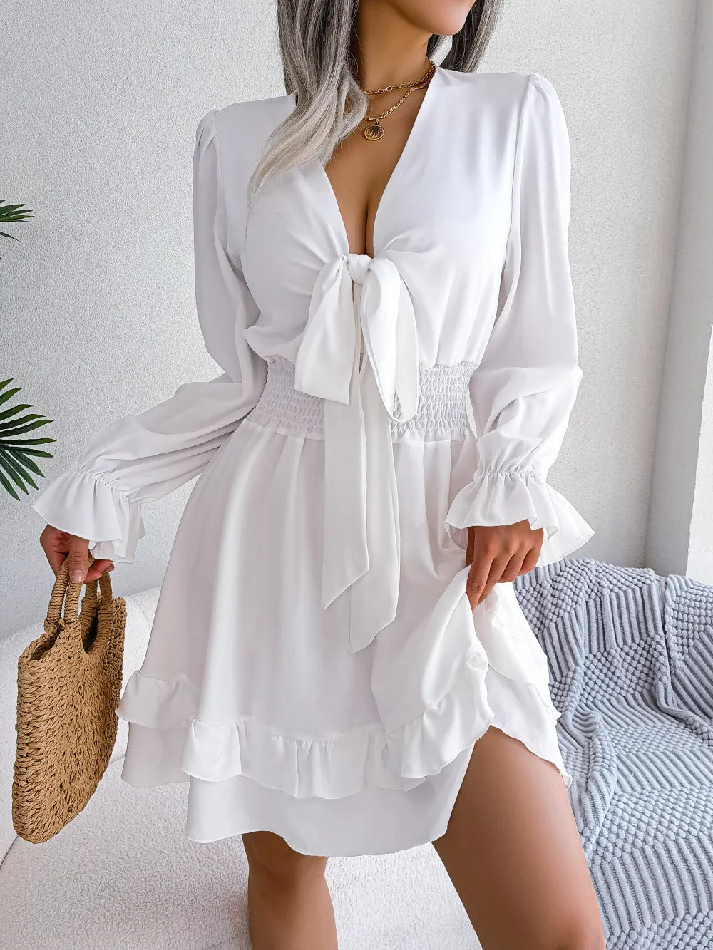 Beautiful Ruffles Lace Up Flowy Chiffon Dress