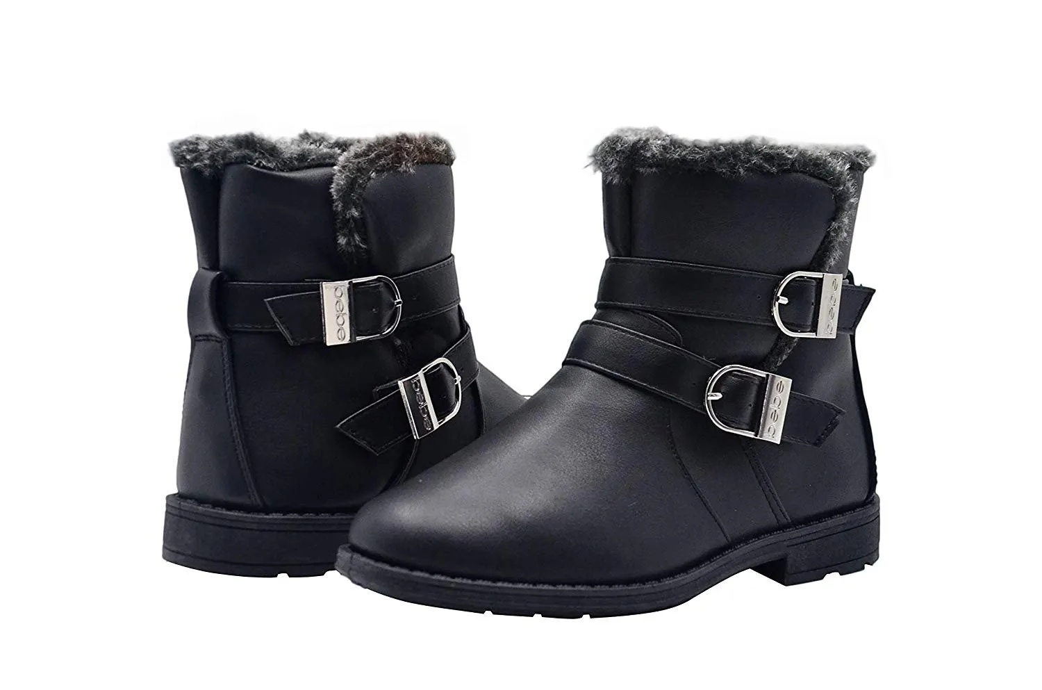 bebe Girls Big Kid Easy Pull-On Short Mid-Calf Ankle Boots Embellished with Faux Fur Trim and Buckles