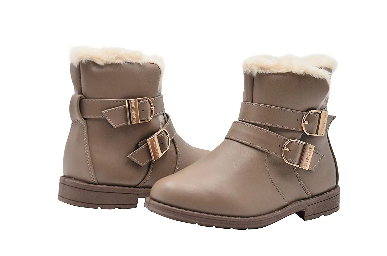 bebe Girls Big Kid Easy Pull-On Short Mid-Calf Ankle Boots Embellished with Faux Fur Trim and Buckles