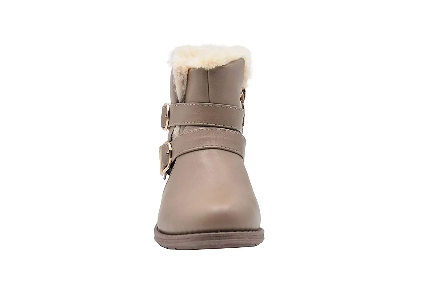 bebe Girls Big Kid Easy Pull-On Short Mid-Calf Ankle Boots Embellished with Faux Fur Trim and Buckles