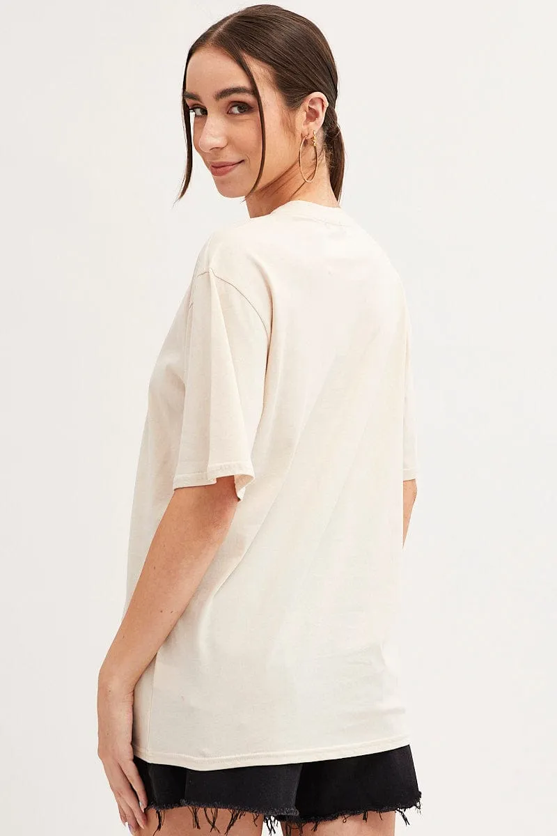 Beige Graphic T-Shirt Short Sleeve Oversized