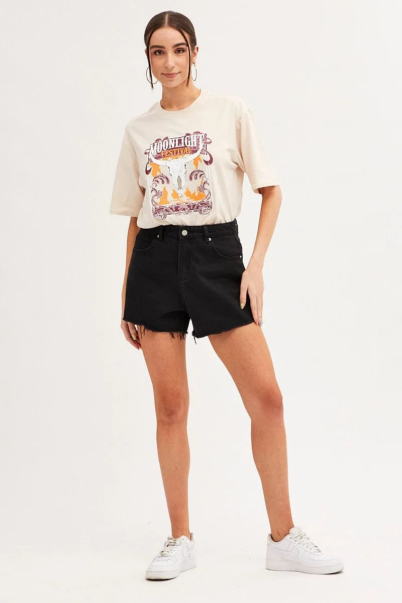 Beige Graphic T-Shirt Short Sleeve Oversized