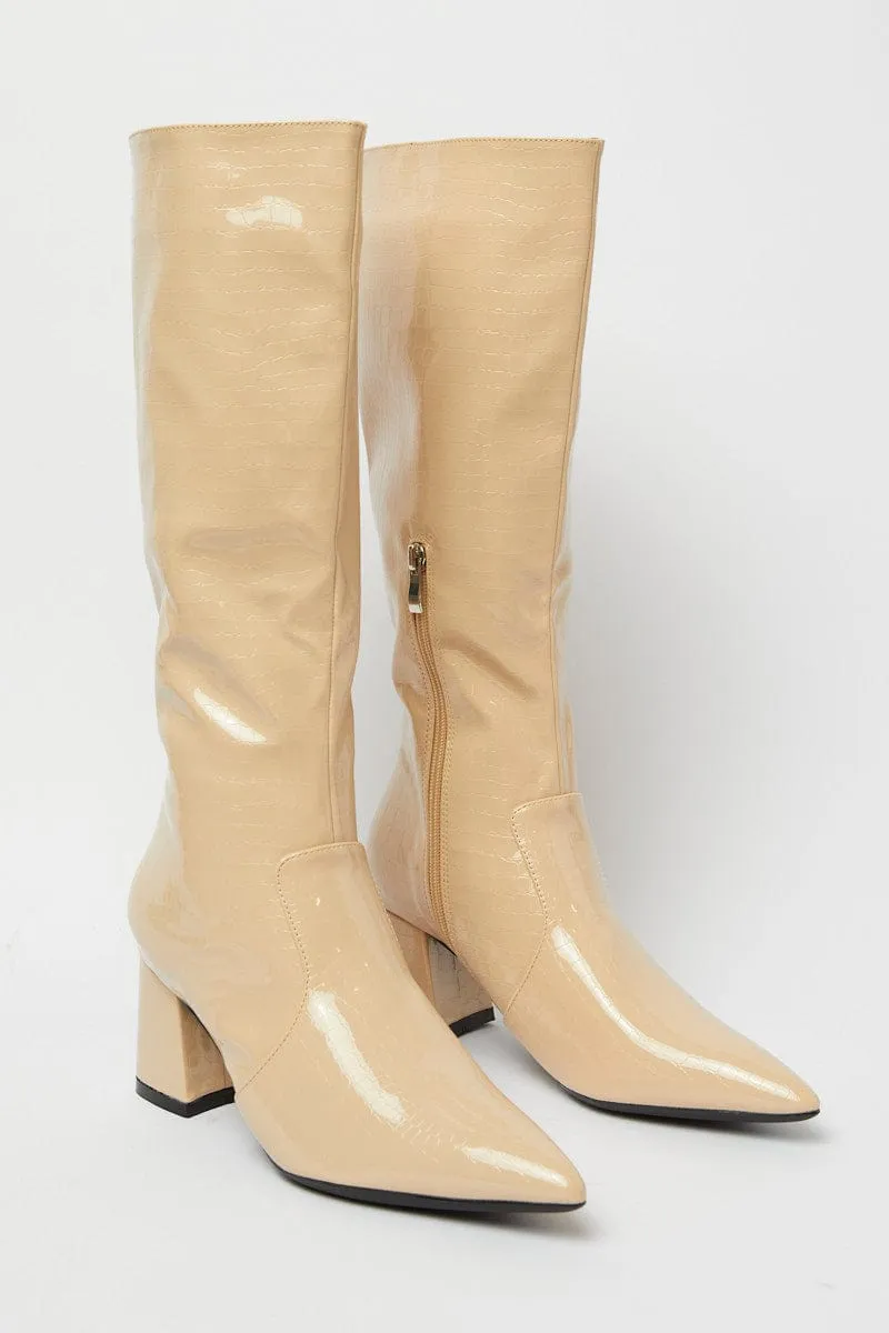 Beige Knee High Boots in Patent Faux Croc