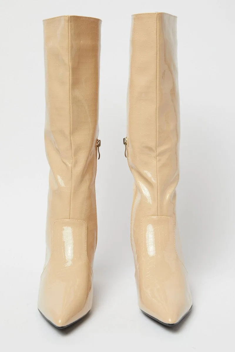 Beige Knee High Boots in Patent Faux Croc