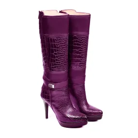 Beja - Ladies Light Purple Printed Crorcodile Calf Leather Long Boot