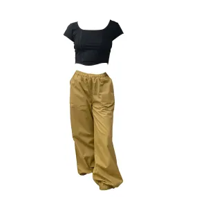 Black Corset Crop Top & Khaki Parachute Pants