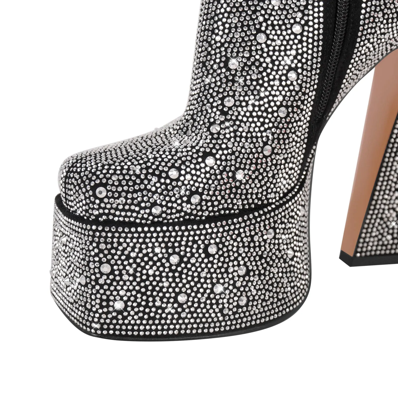 Black Rhinestone Square Toe Chunky Heel Platform Ankle Boots