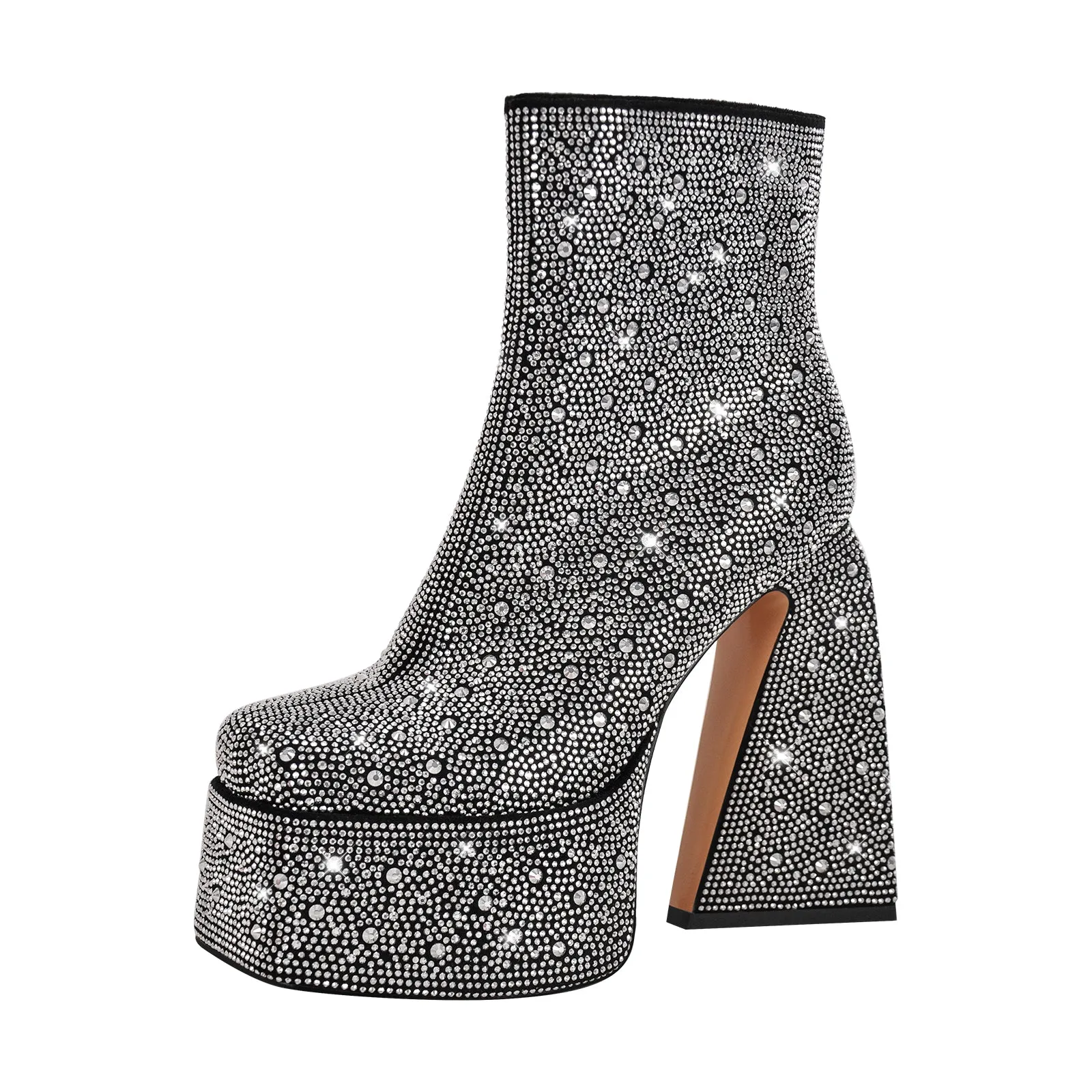 Black Rhinestone Square Toe Chunky Heel Platform Ankle Boots