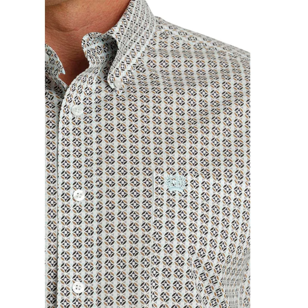 Cinch Men's Geometric Print Button-Down Long Sleeve Shirt - White