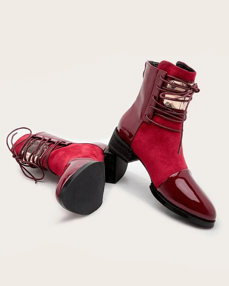 Color-Blocking Lace-up Chunky Heel Ankle Boots