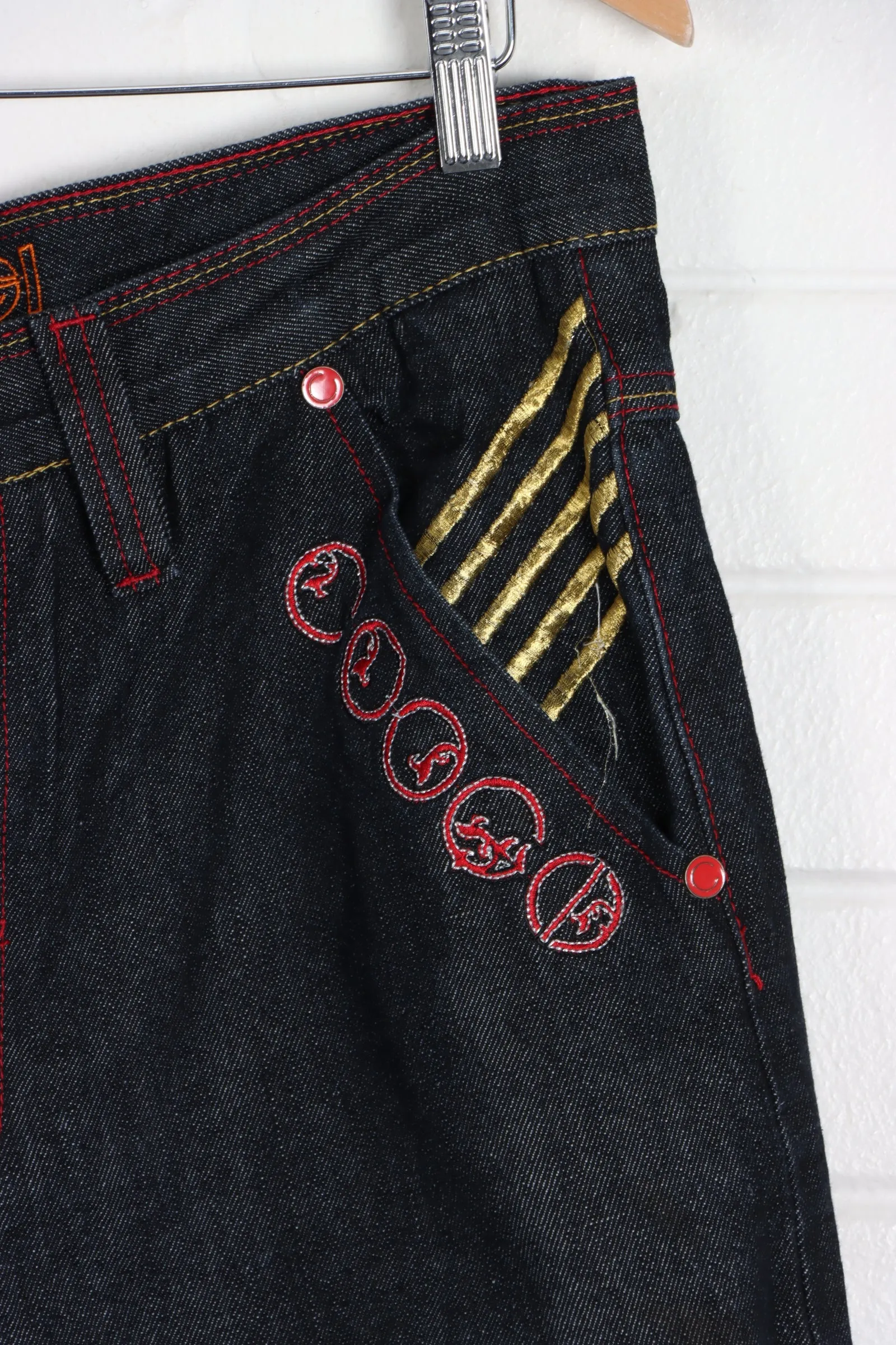 COOGI Gold and Red Embroidered Y2K Jeans (36 x 34)