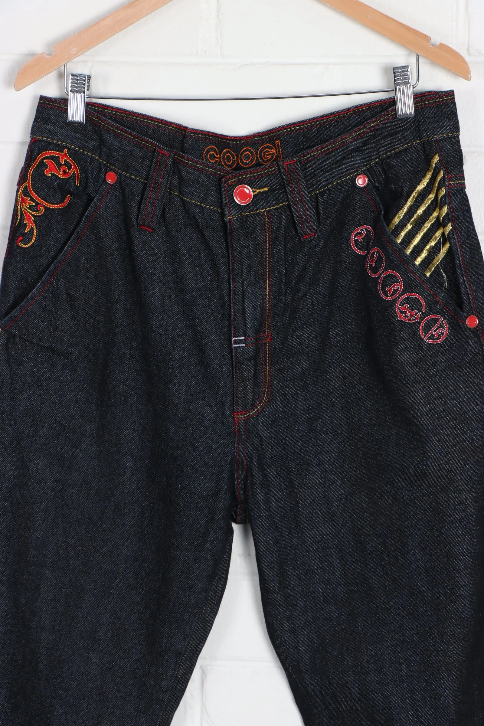 COOGI Gold and Red Embroidered Y2K Jeans (36 x 34)