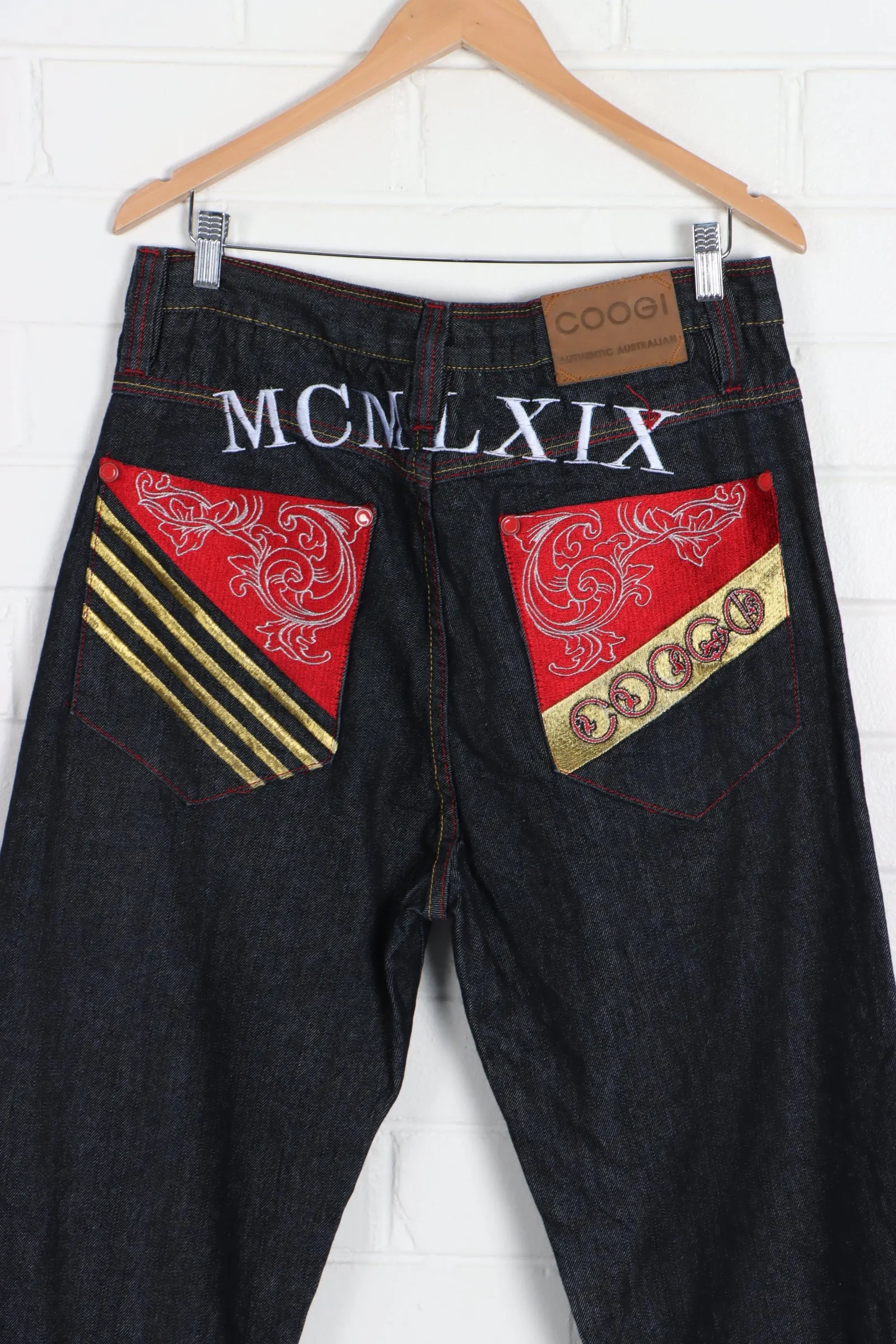 COOGI Gold and Red Embroidered Y2K Jeans (36 x 34)