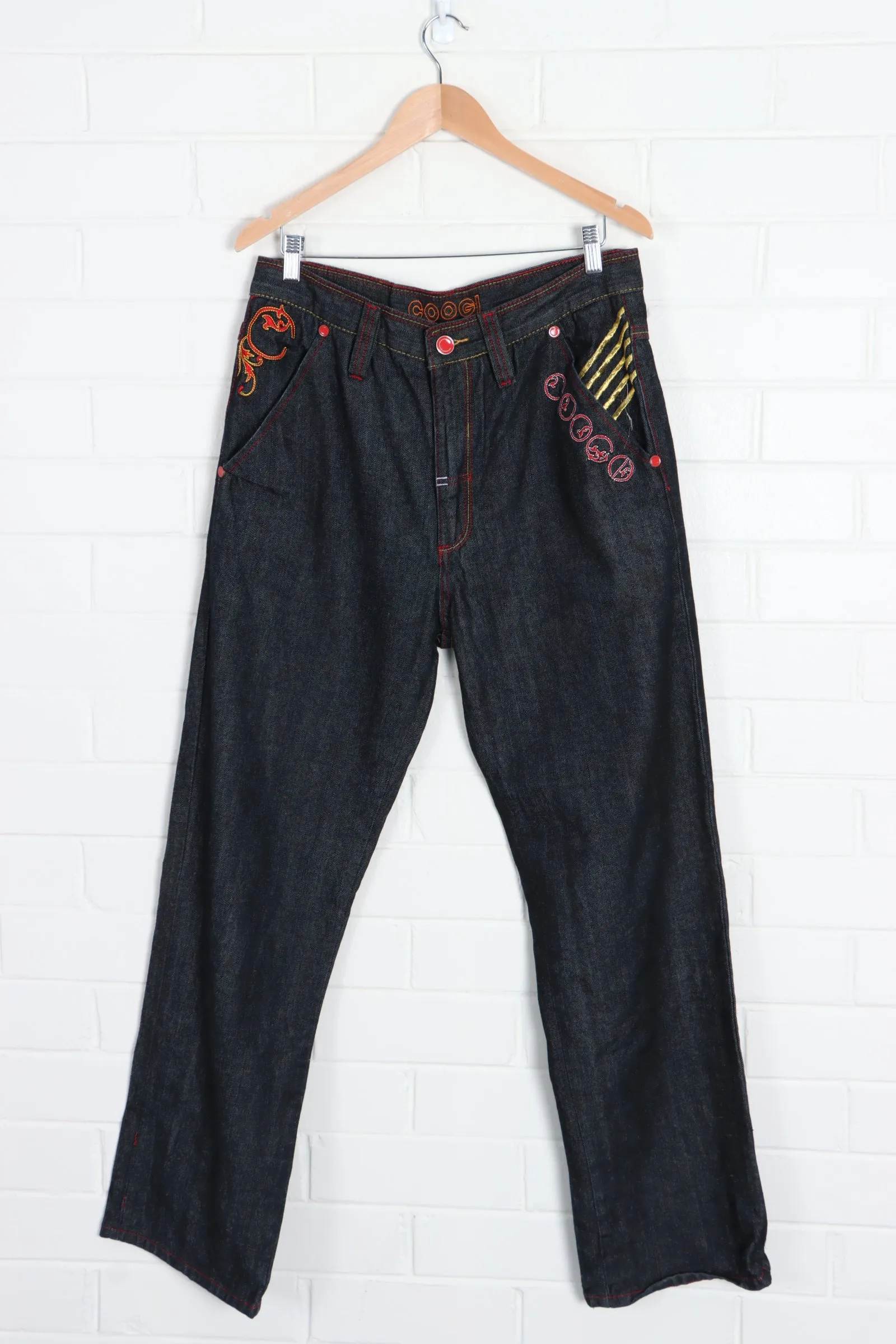 COOGI Gold and Red Embroidered Y2K Jeans (36 x 34)