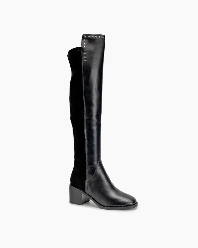 Elastic Calf Chunky Heel Knee High Boots