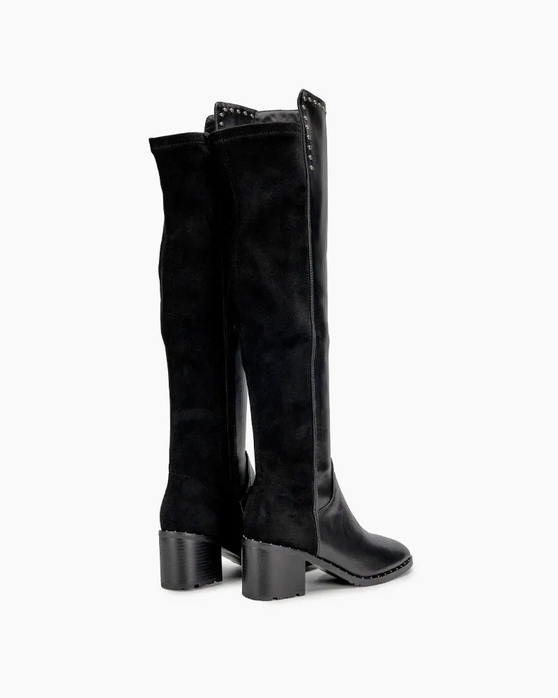 Elastic Calf Chunky Heel Knee High Boots