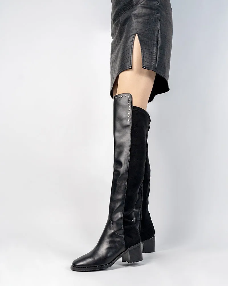 Elastic Calf Chunky Heel Knee High Boots