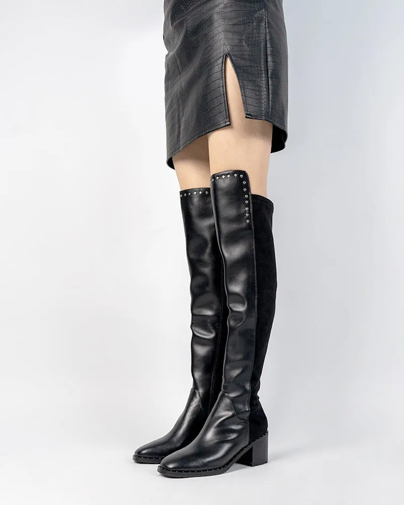 Elastic Calf Chunky Heel Knee High Boots