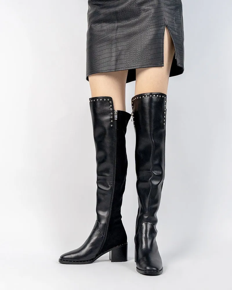 Elastic Calf Chunky Heel Knee High Boots