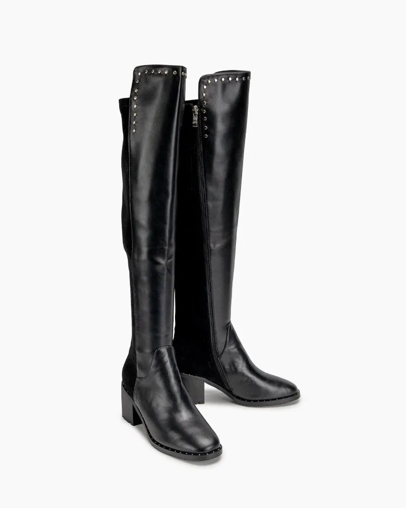 Elastic Calf Chunky Heel Knee High Boots