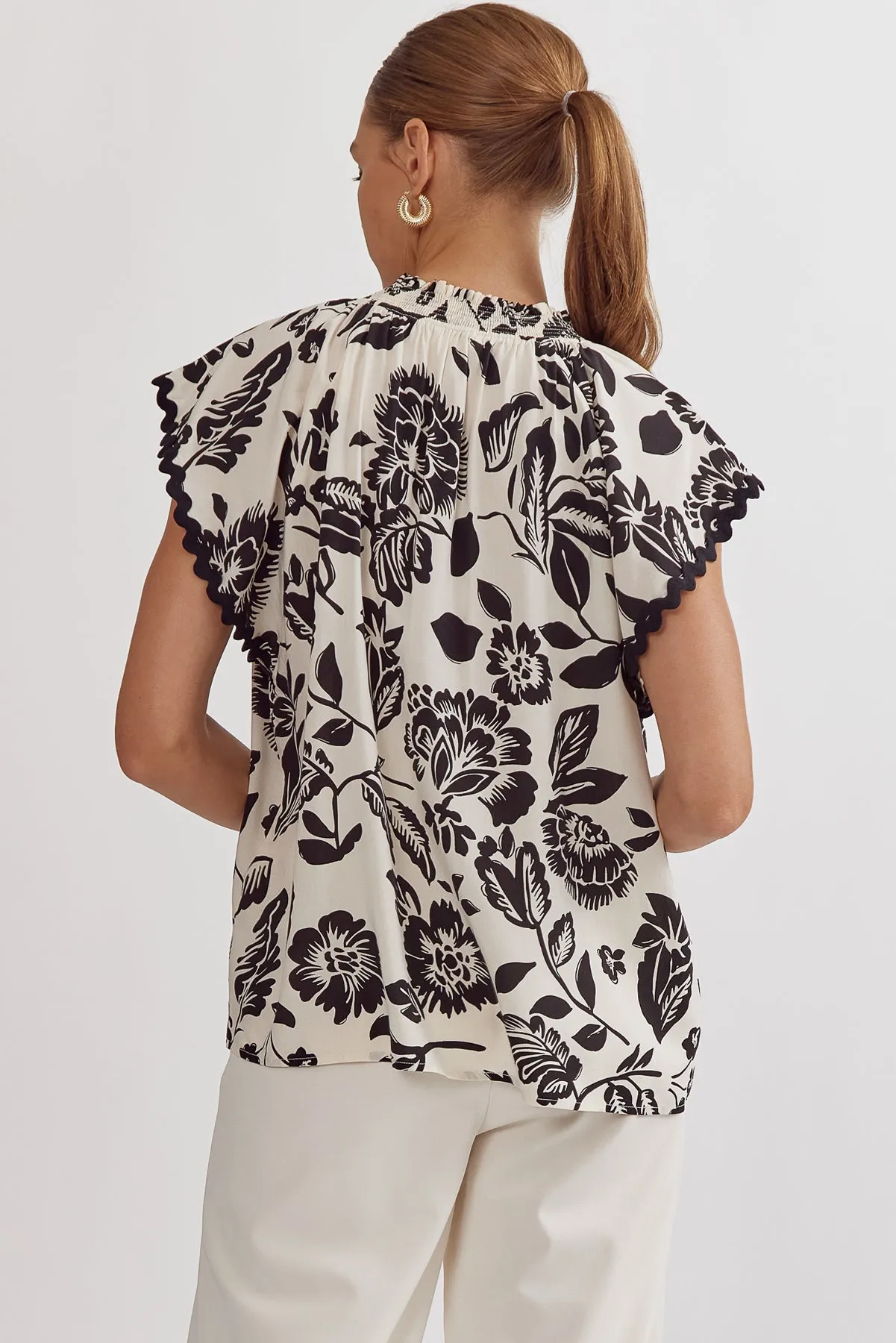 FINAL SALE - Black Printed Rick Rack Detail Top