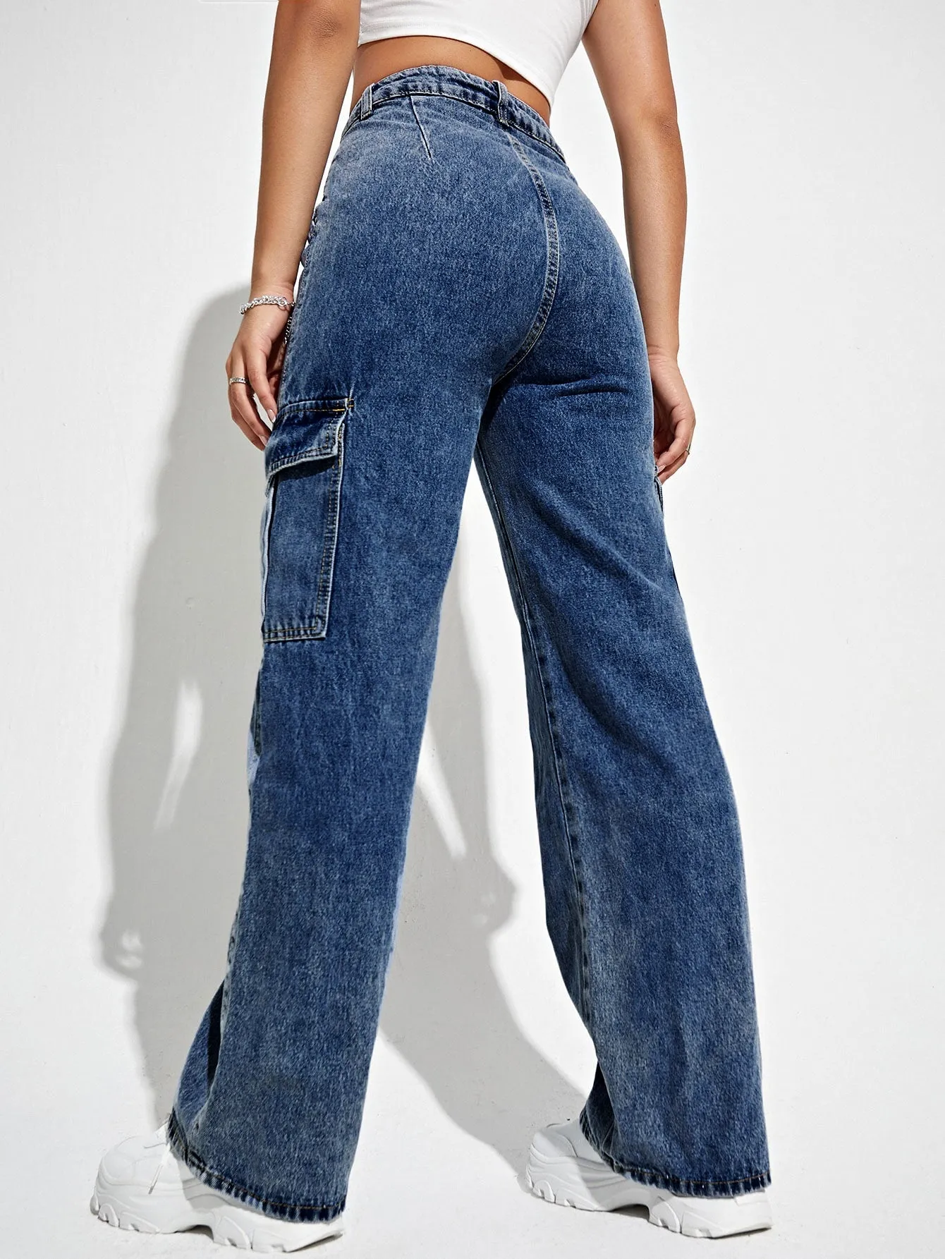 High Waist Flap Pocket Side Cargo Jeans