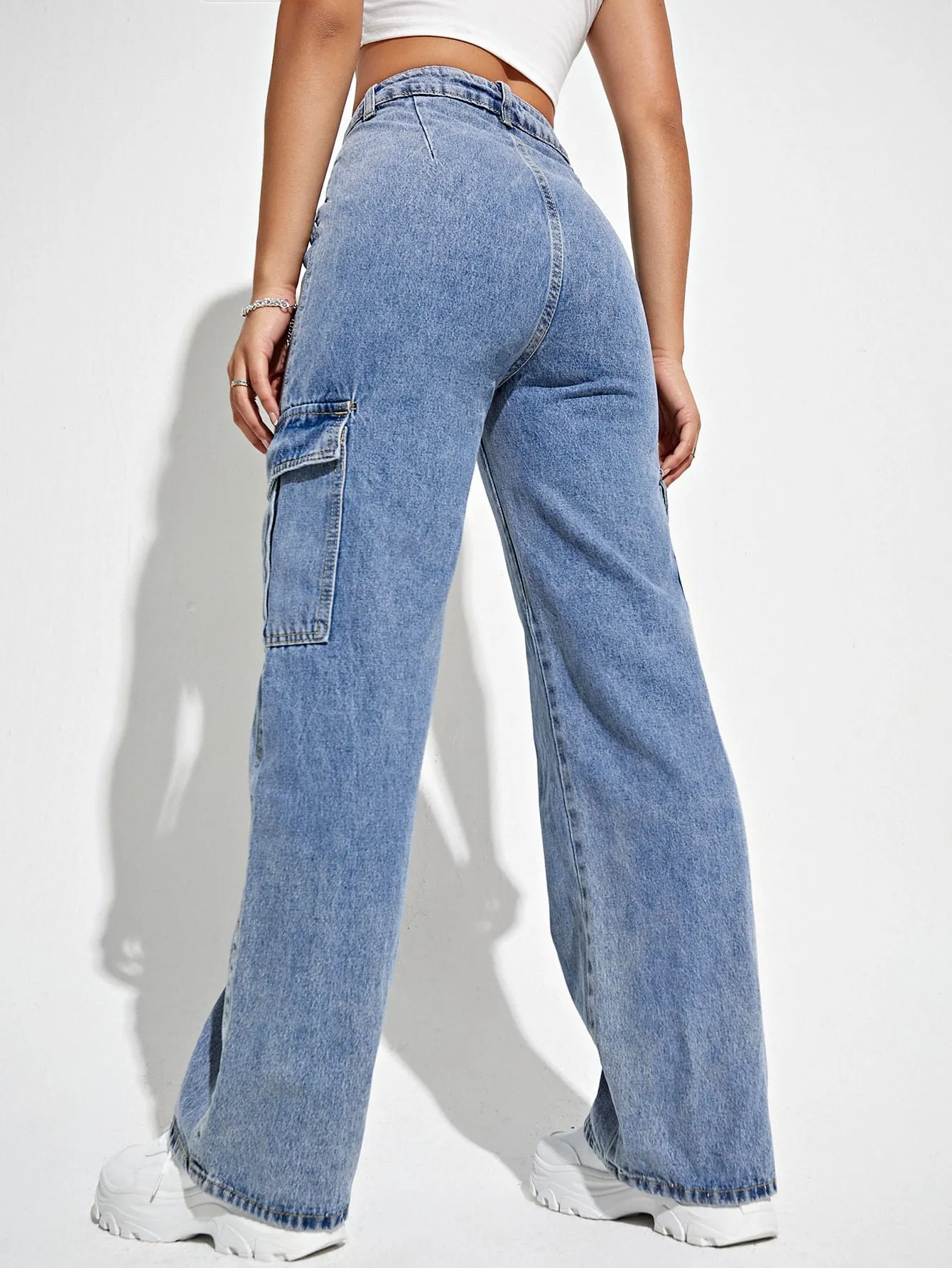 High Waist Flap Pocket Side Cargo Jeans