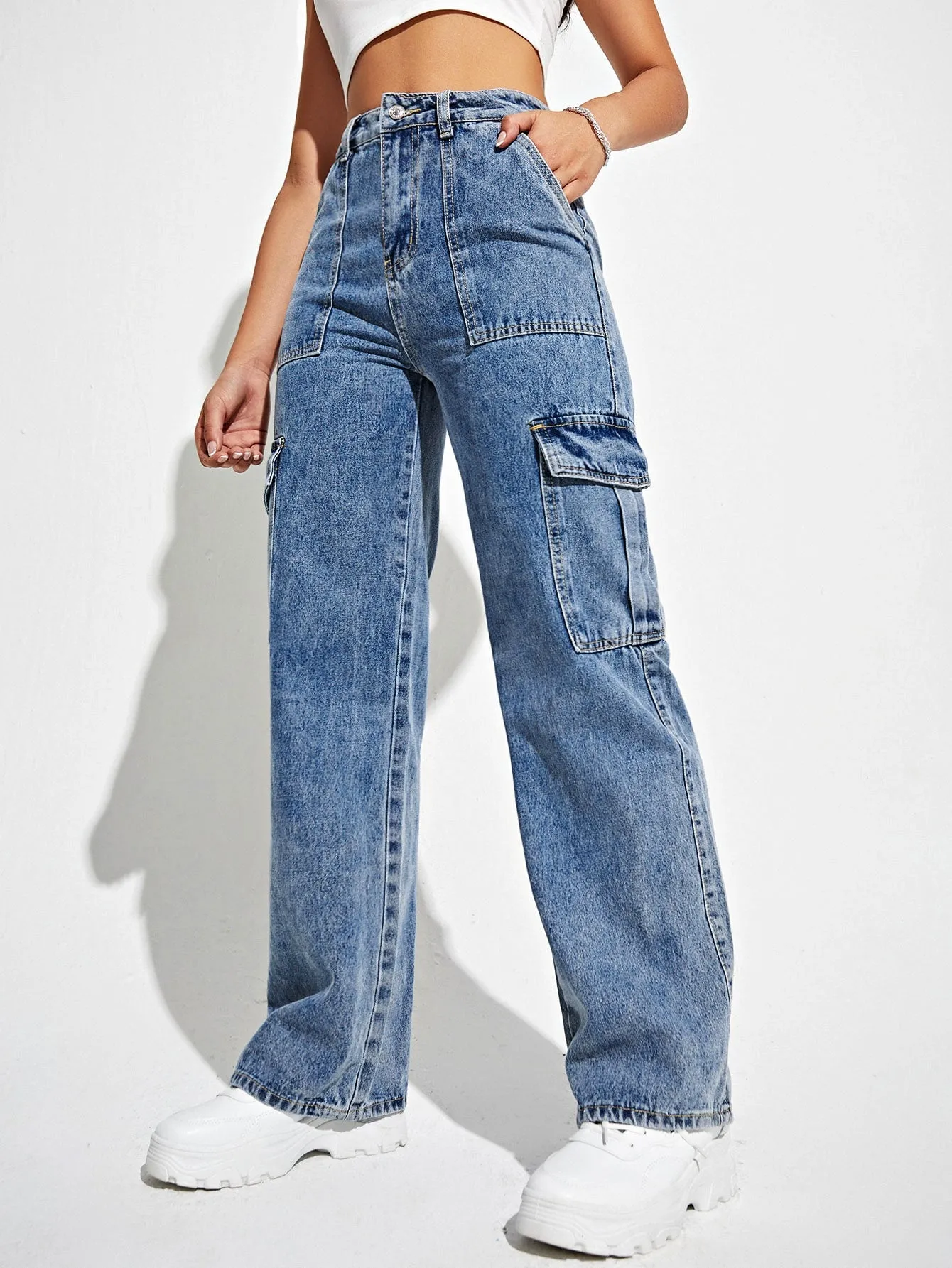 High Waist Flap Pocket Side Cargo Jeans