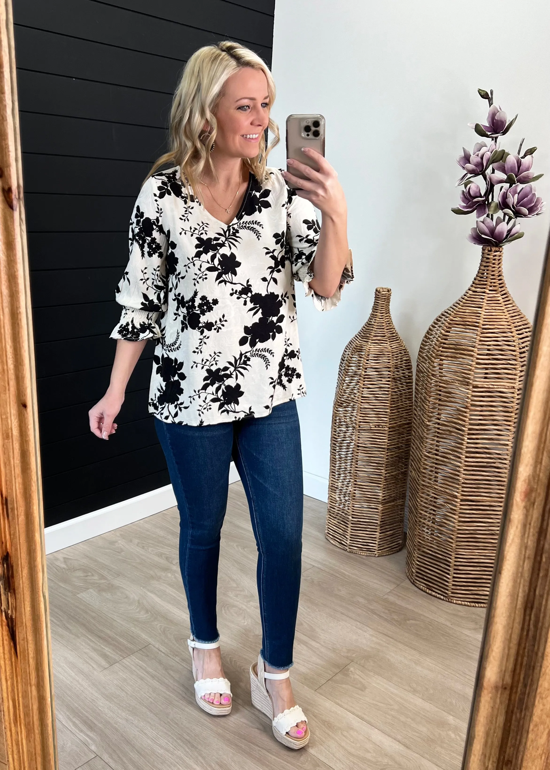 Ivory & Black Floral Smock Sleeve Top