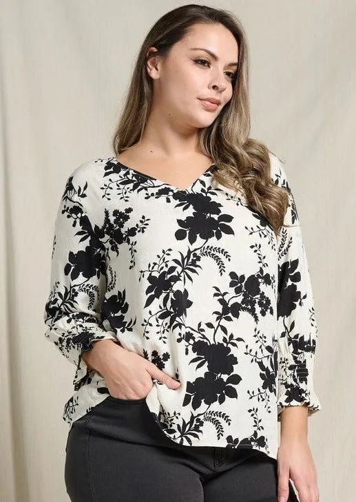 Ivory & Black Floral Smock Sleeve Top