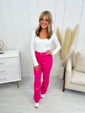 Judy Blue Barbie Pink Faux Leather Tummy Control Straight Leg Pants in Reg/Curvy