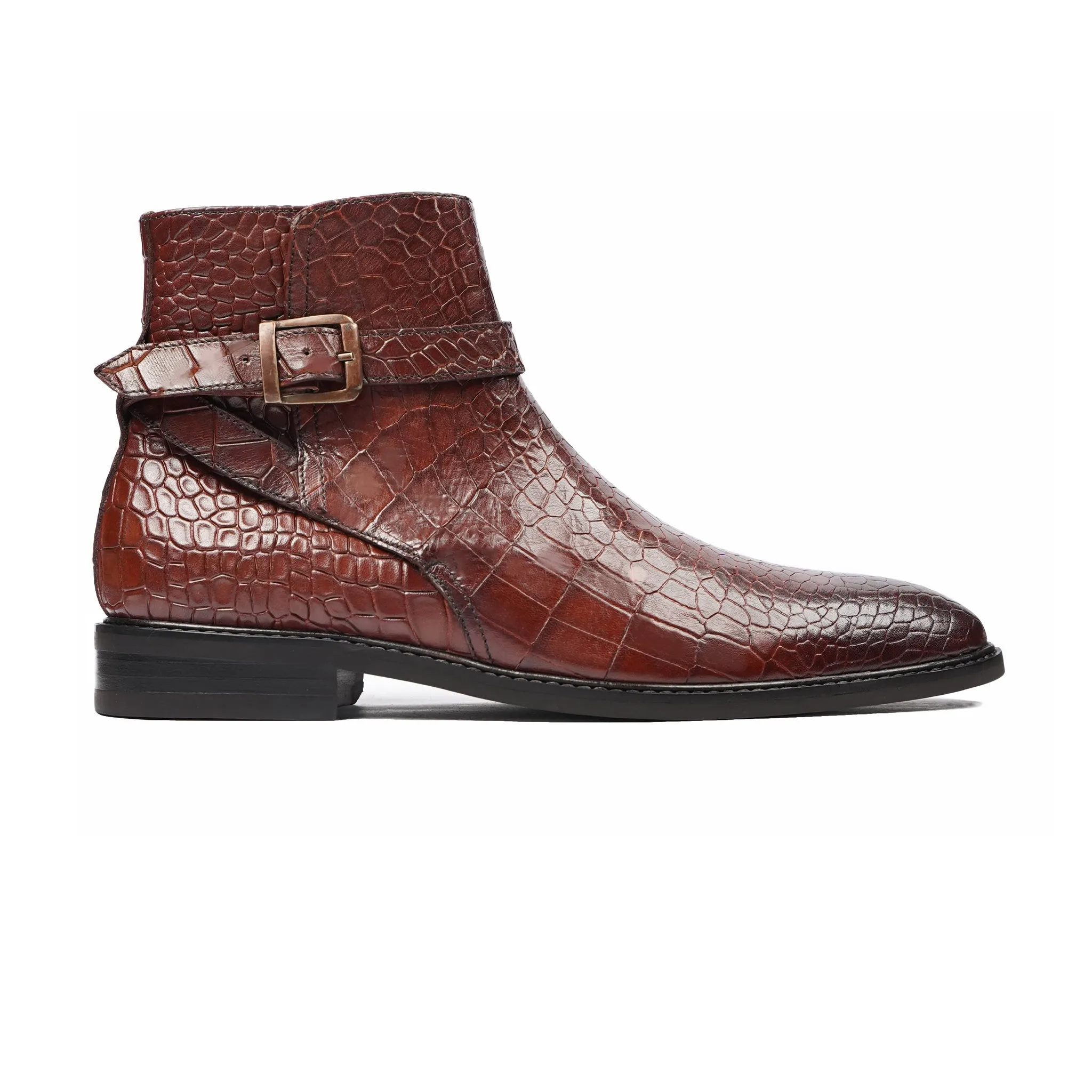 Koemi - Men's Oxblood Crocodile Printed Calf Leather Jodhpur Boot