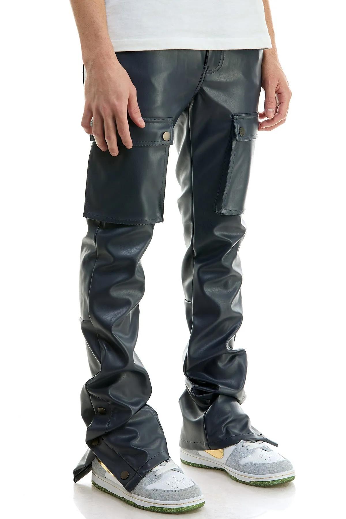 Skinny Stacked Pants Faux Leather In Black Flare Men's Jeans