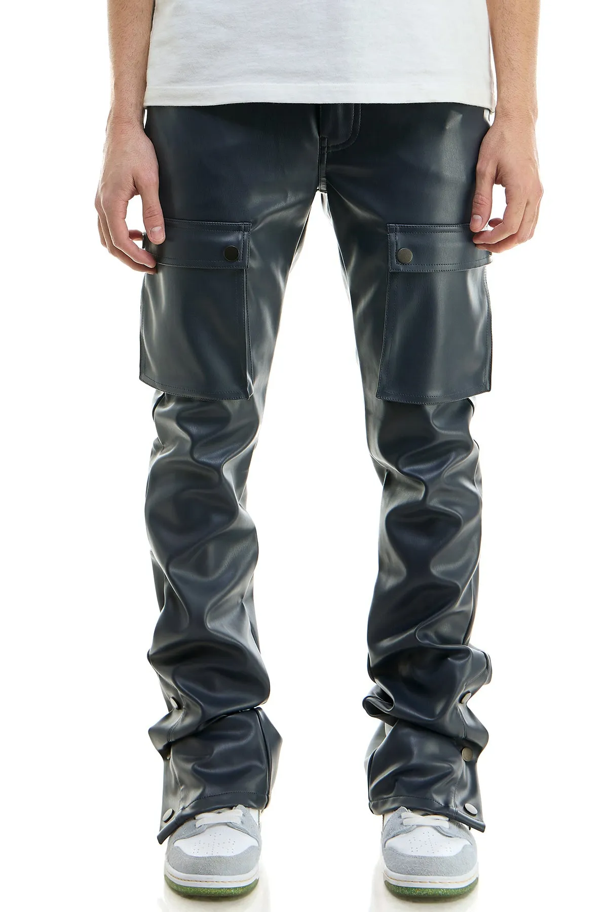 Skinny Stacked Pants Faux Leather In Black Flare Men's Jeans