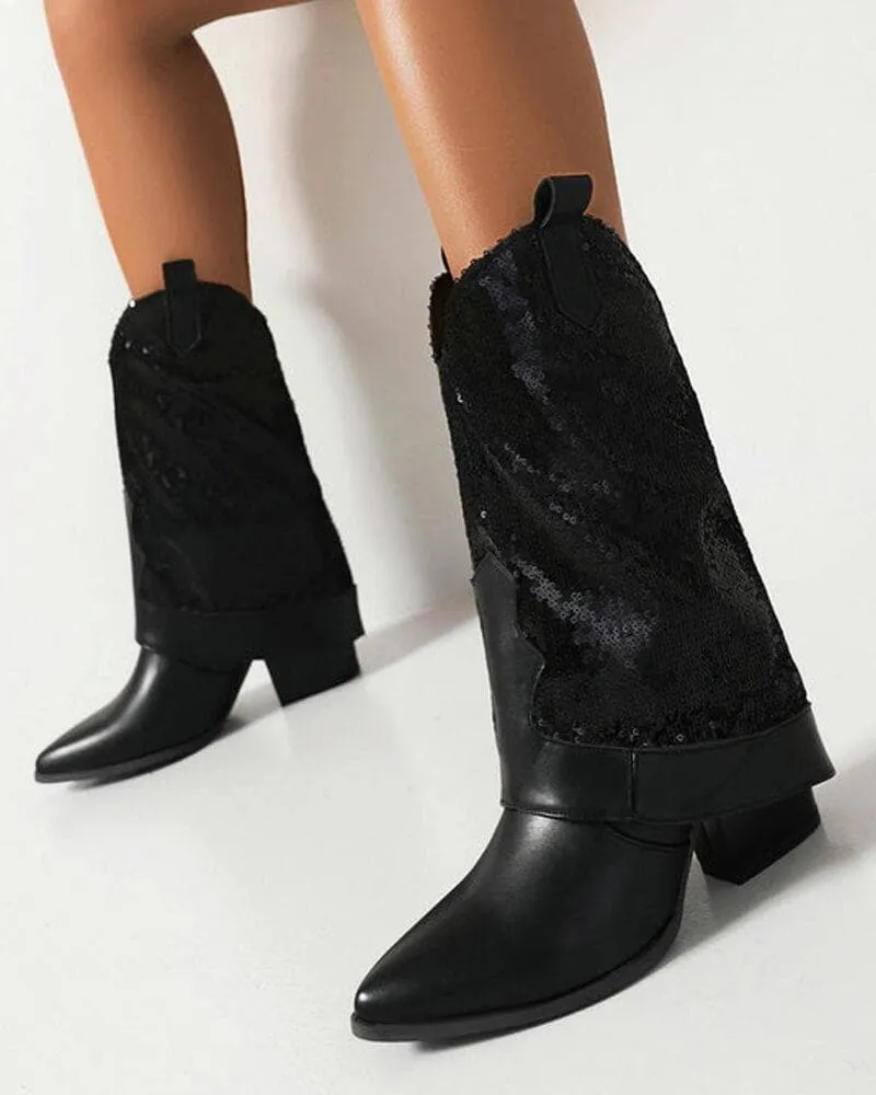 Sparkling Glitter Chunky Heel Boots