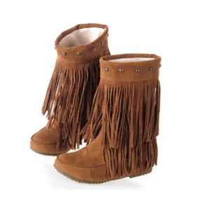 Tassel Studded Mid Calf Boots Wedge Heel 4881