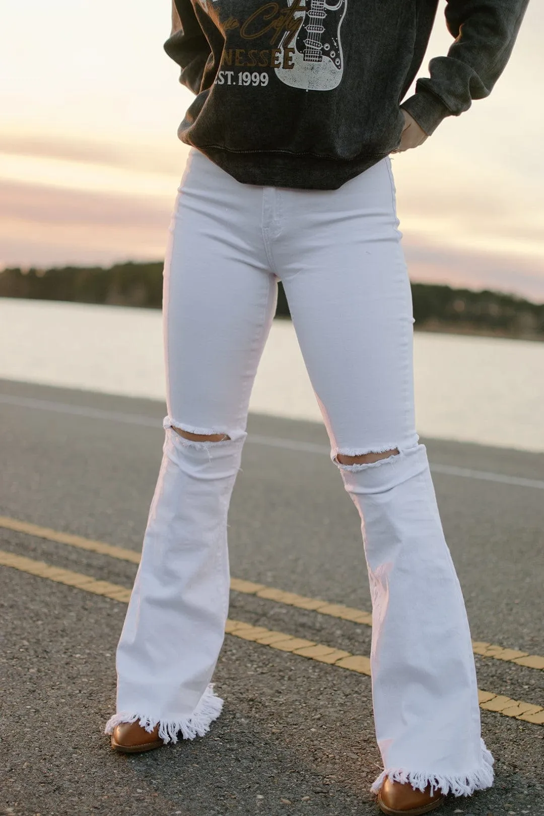 White Super Stretch Fray Flares