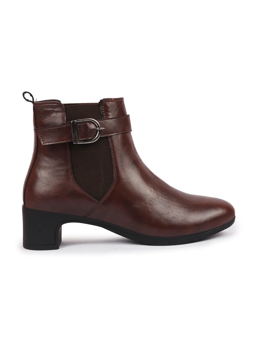 Women Brown Flared Heel High Ankle Classic Winter Buckle Strap Chelsea Boots