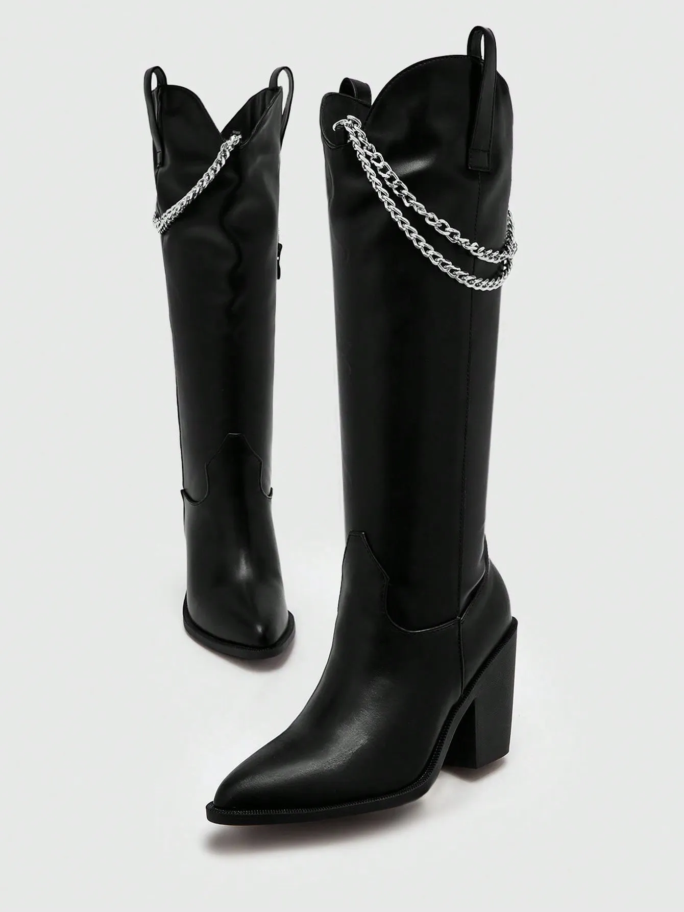 Women Chain Decor Point Toe Chunky Heeled Fashion Boots, Fashion Black Classic Boots